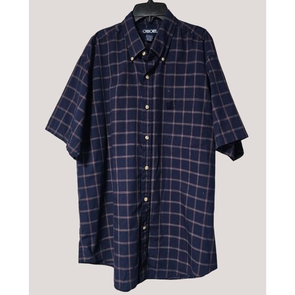 Cherokee Mens Short Sleeve Button-Up Blue Navy Plaid Shirt L - Picture 2 of 7